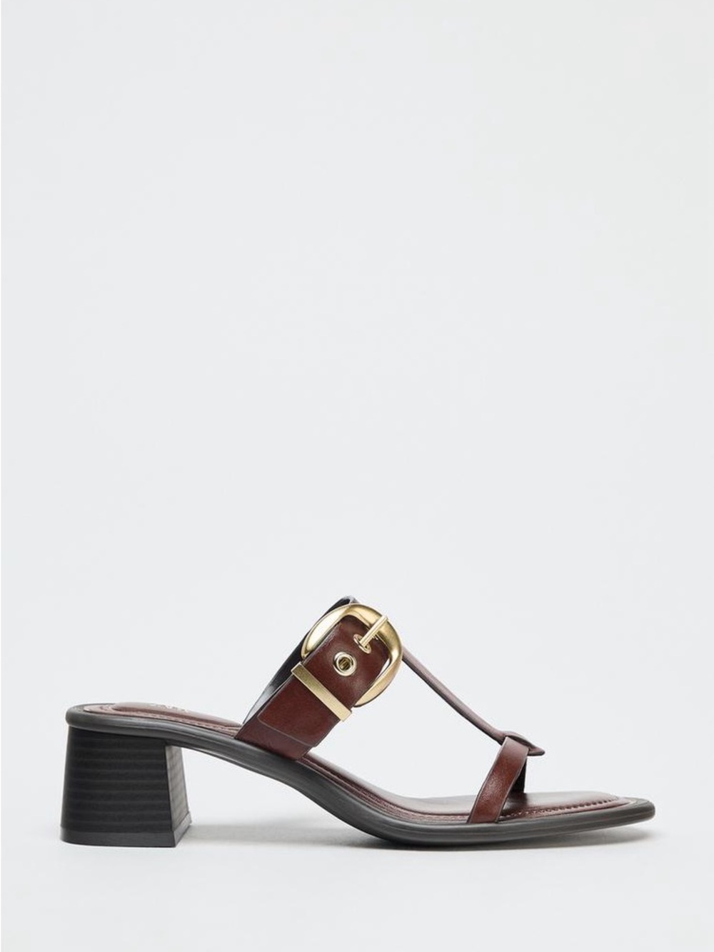 Zara Brown Leather Toe-Ring Slide Sandals with Gold Buckle